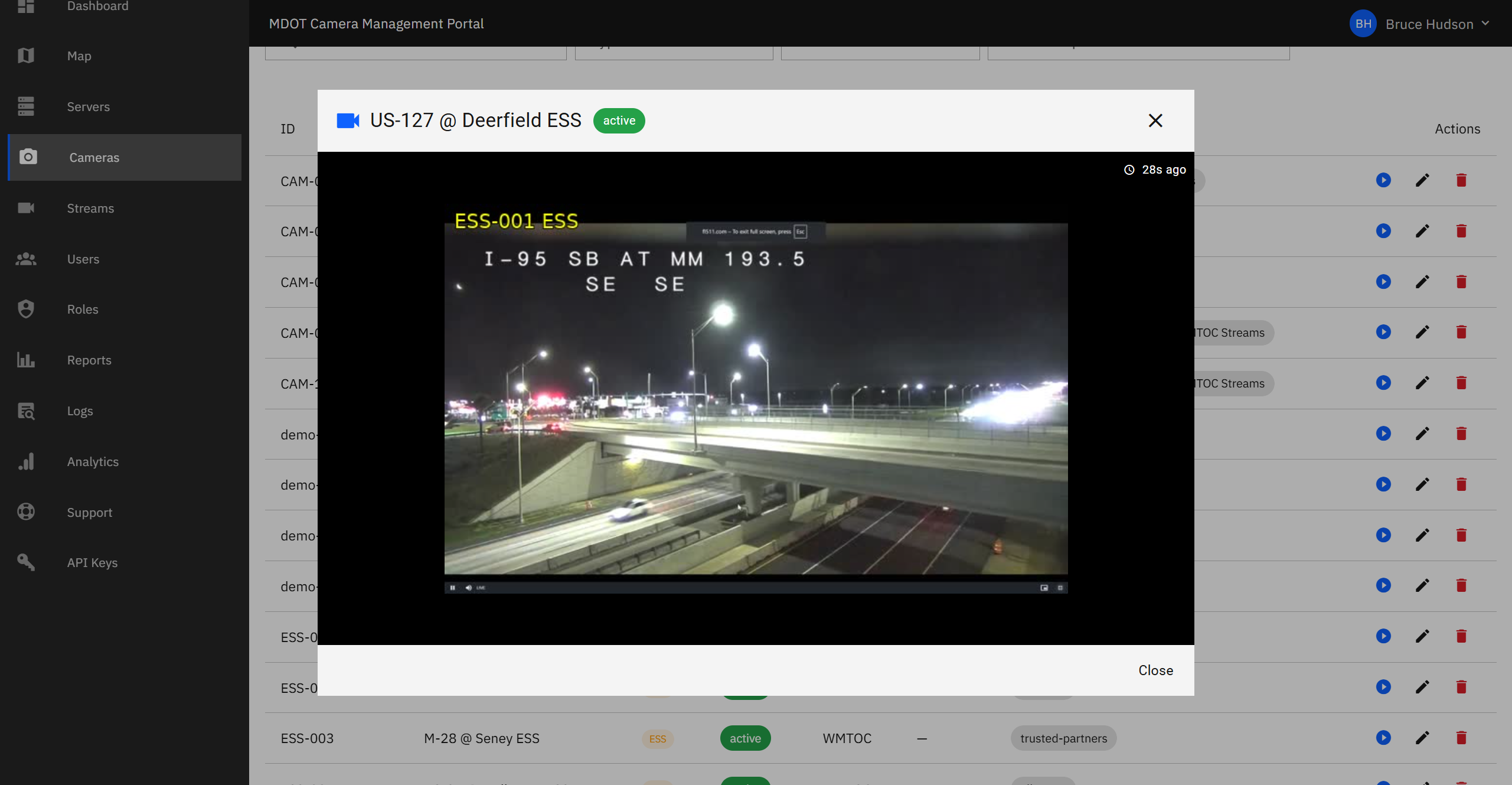Image viewer showing a periodic snapshot from an ESS camera with timestamp and camera details.